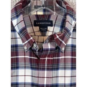 Lands End Mens 16.5-34 Supima No Iron Oxford Shirt Plaid Burgundy Button Down‎